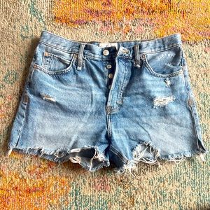 Free People Blue Jean Distressed Denim High Waist Button Down Shorts 29